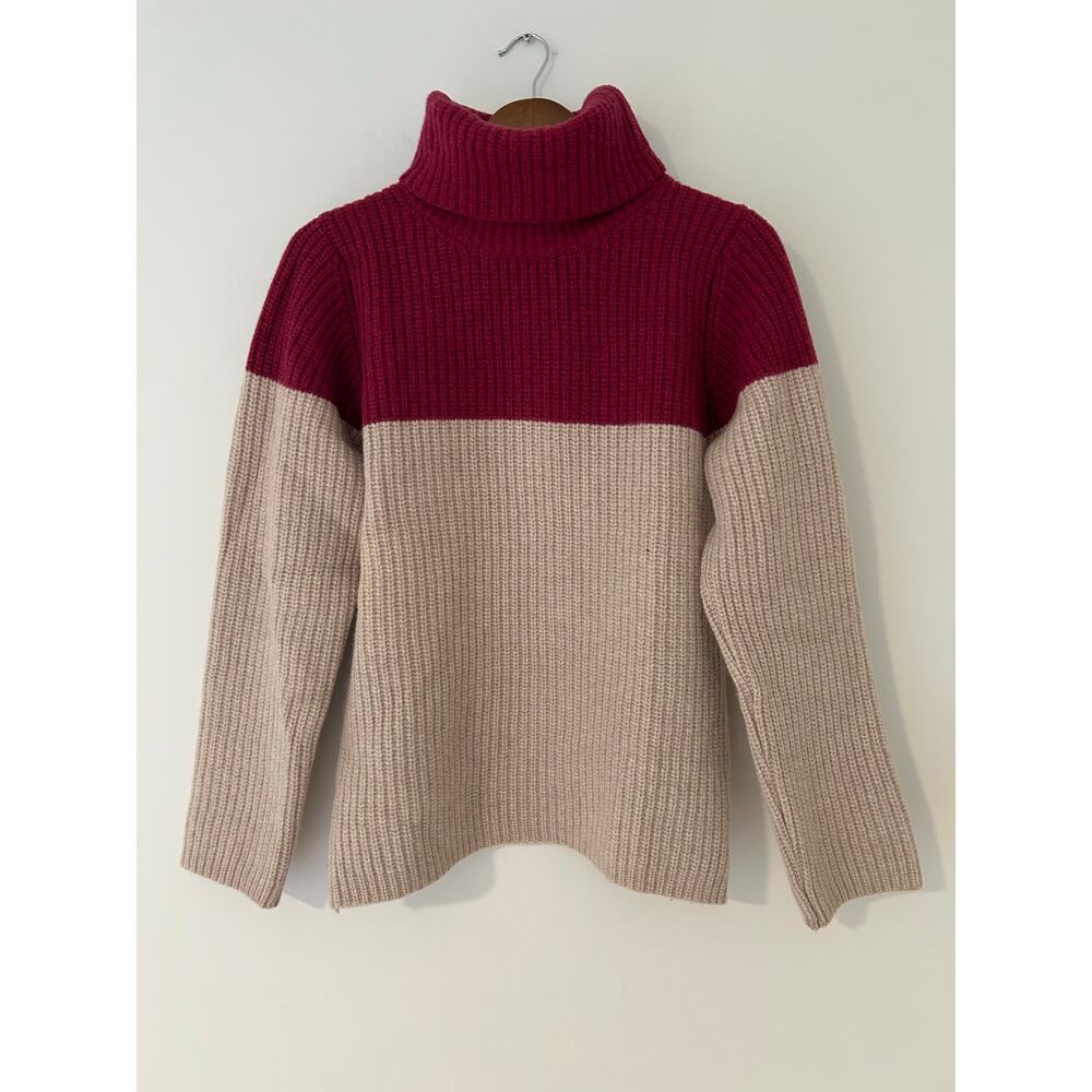 Celtic & Co 100% Lambswool Colorblock Turtleneck Sweater Cranberry Pink Tan S
